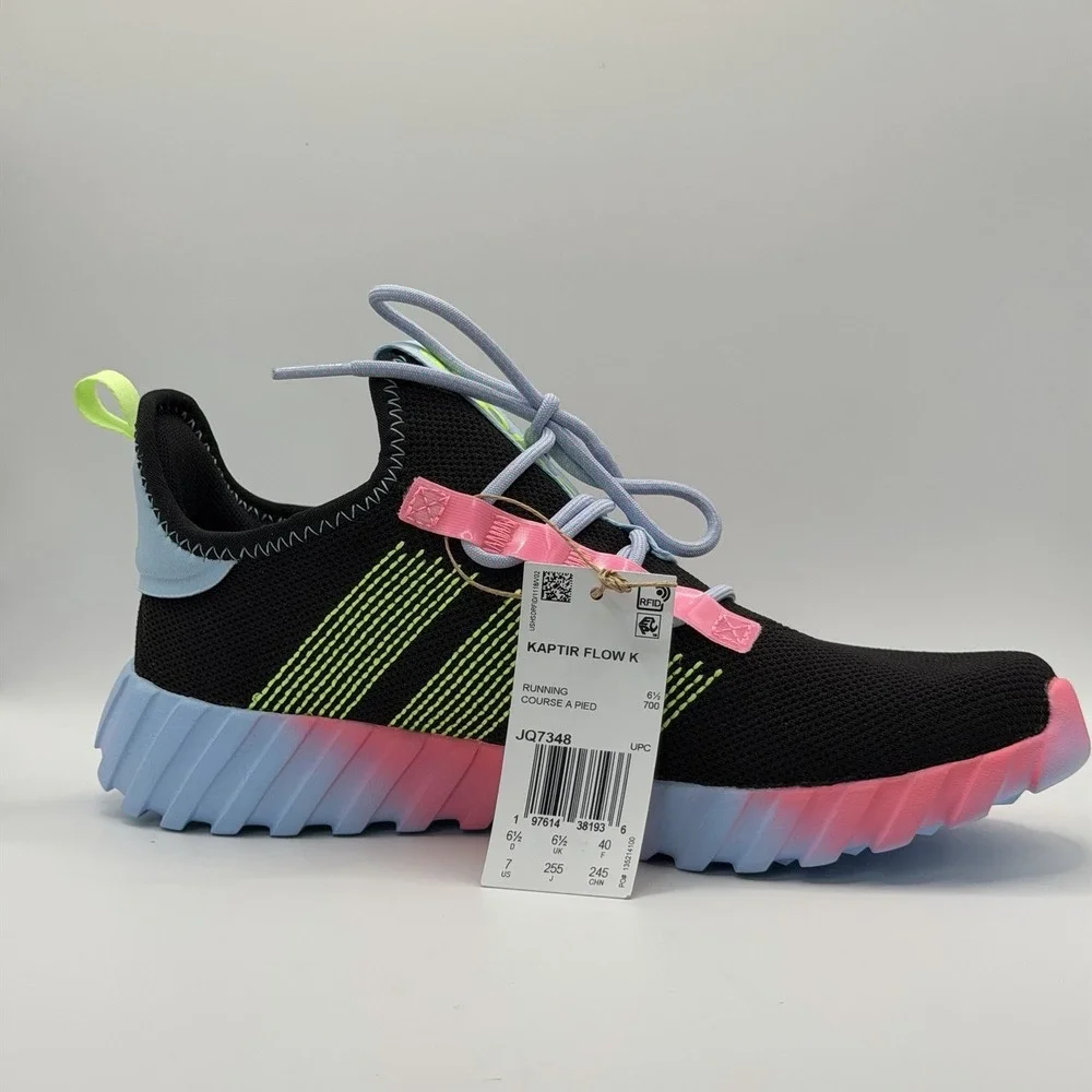 Adidas Kaptir Flow K Athletic Shoes Core Black Pink Yellow Sz 7 JQ7348 New